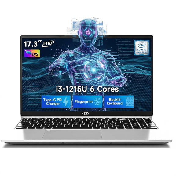 17.3" IPS FHD Laptop 16GB RAM 512GB SSD Intel Core i3-1215U Processor (Beats i5-1135G7) with Intel UHD Graphics-Wi-Fi 6 Backlit Keyboard Fingerprint USB-C 65W Fast Charge Bluetooth 5.2 Silver