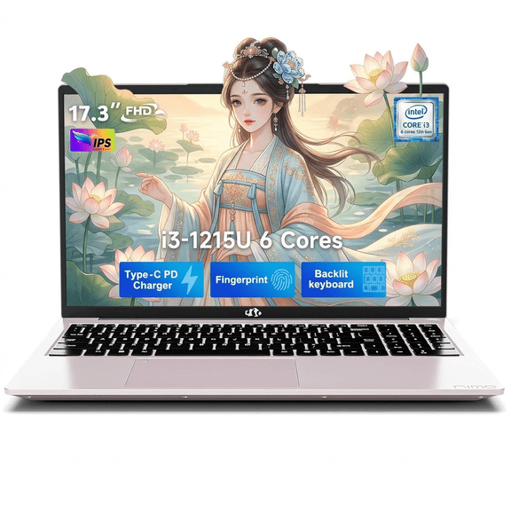 17.3" IPS FHD Laptop 8GB RAM 256GB SSD Intel Core i3-1215U (Beats i5-1135G7) with Wi-Fi 6 Backlit Keyboard Fingerprint 65W USB-C Fast Charge 180° View Windows 11 Home RoseGold