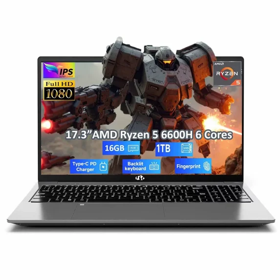 17.3" IPS FHD Laptop, AMD Ryzen 5 6600H 6 Cores 16GB DDR5 RAM 1TB SSD (Beat i7-1165G7, Up to 4.5GHz) Radeon 660M GPU-Computer with 100W Type-C Backlit Keyboard Fingerprint Win 11