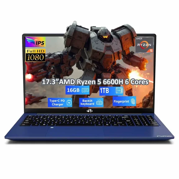 17.3" IPS FHD Laptop, AMD Ryzen 5 6600H 6 Cores 16GB DDR5 RAM 1TB SSD (Beat i7-1165G7, Up to 4.5GHz) Radeon 660M GPU-Computer with 100W Type-C Backlit Keyboard Fingerprint Win 11