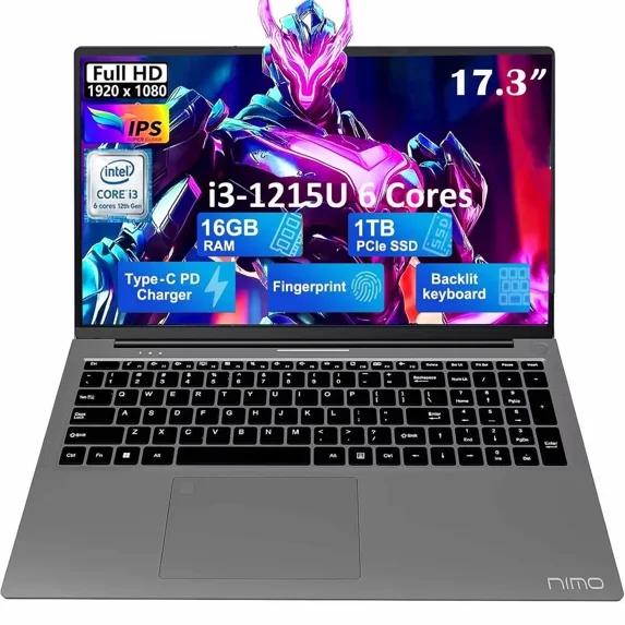 17.3" IPS FHD-Laptop, Intel 6 Cores i3-1215U 16GB RAM 1TB SSD (Beat Ryzen 5 7520U, Up to 4.4GHz) Computer with 65W GaN Type C Backlit Keyboard Fingerprint, for Home Student and Business