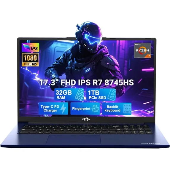 17.3" IPS FHD New Gaming Laptop, AMD Ryzen 7 8745HS 32GB DDR5 RAM 1TB SSD ( up to 4.9GHz) Radeon 780M Graphics Business Computer with 100W Type-C Backlit Keyboard, Fingerprint USB-C 4.0