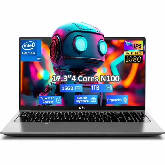 17.3" IPS FHD-Student-Laptop- 16GB RAM 1TB SSD, Intel Pentium 4 Cores N100(Beat i3-1115G4, Up to 3.4GHz) Computer with 65W Type-C 2 Years Warranty Fingerprint Backlit Keyboard Wi-Fi 6 BT5.2