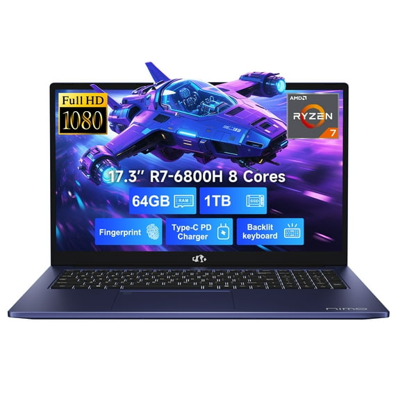 17.3 IPS Laptop-Computer 64GB RAM 1TB SSD 8 Cores AMD Ryzen7 6800H,2 Years Warranty(Beat Intel i7-12700H,Up to 4.7GHz) Gaming-Student-Laptop with Backlit Keyboard Fingerprint,Blue