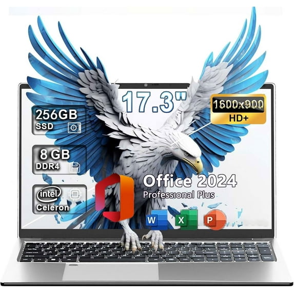 ESOOR 17.3 inch Business Laptop Computer: Office 2024, Webcam, Intel Quad-Core N5095, 8GB RAM, 256GB SSD, Backlit Keyboard, Wi-Fi, Fingerprint , Type-C, Windows 11
