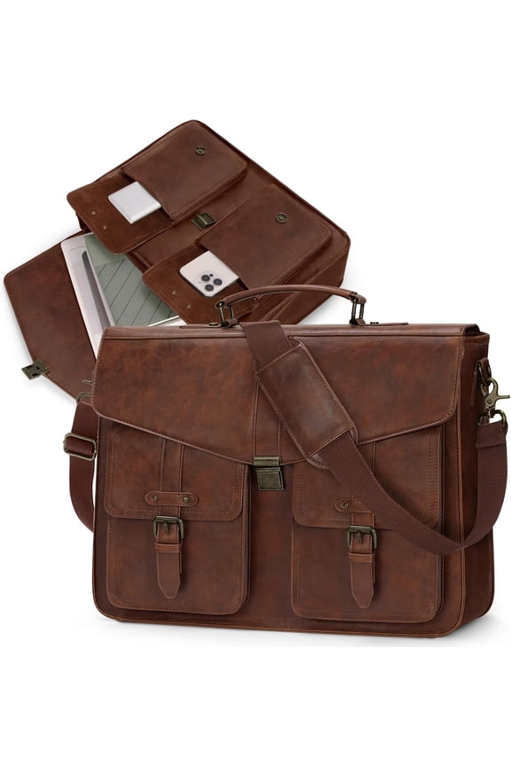 17.3 Inch Men's Messenger Bag, PU Leather Laptop Briefcase for Work, Office & Business Travel, Spacious Satchel Bag