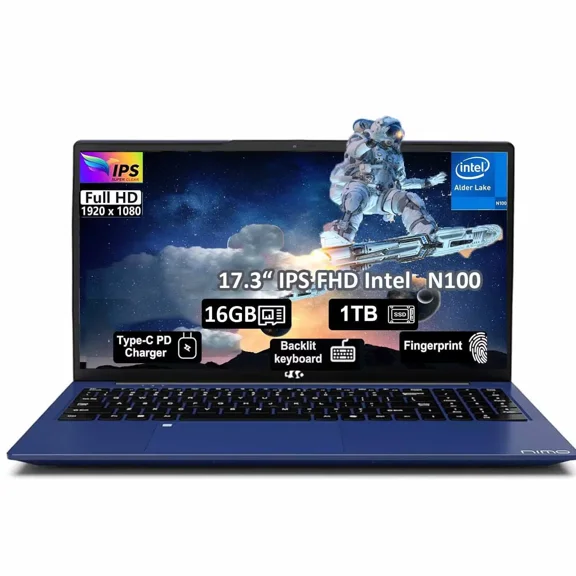 17.3" Laptop Intel Pentium 4 Cores N100(Beat i3-1115G4, Up to 3.4GHz) 16GB RAM 1TB SSD Computer with 65W Type-C Fingerprint Backlit Keyboard