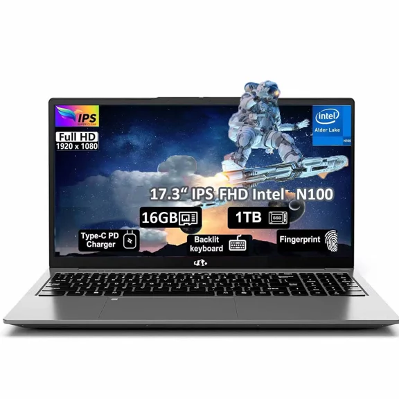17.3" Laptop Intel Pentium 4 Cores N100(Beat i3-1115G4, Up to 3.4GHz) 16GB RAM 1TB SSD Computer with 65W Type-C Fingerprint Backlit Keyboard