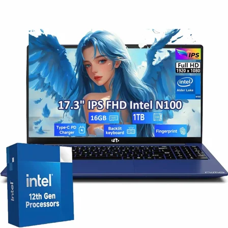 17.3" Laptop Windonws 11 Ultra-Thin Laptop Intel Pentium 4 Cores N100 16GB DDR4 RAM 1TB SSD Fingerprint Backlit Keyboard with 65W Type-C