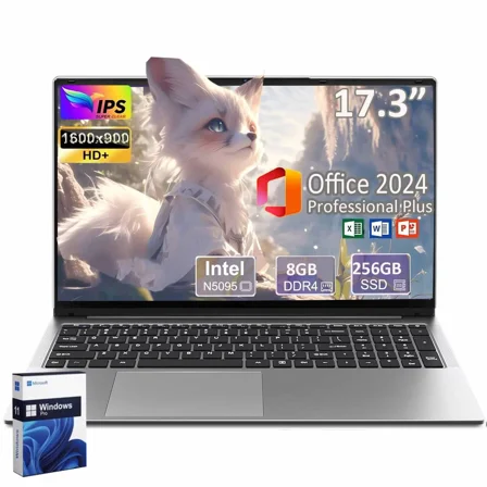 17.3" Laptop Windonws 11 pro Ultra-Thin Laptop Office 2024 Celeron N5095 8GB DDR4 RAM 256GB SSD Fingerprint Backlit Keyboard Webcam Perfect for Travel Study and Work