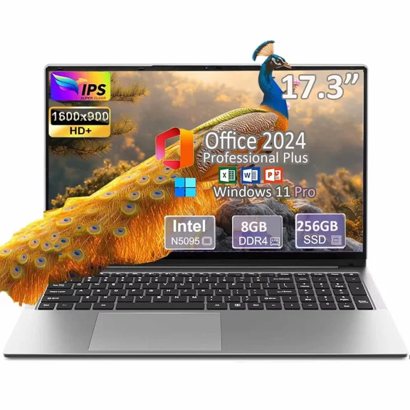 17.3" Laptop Office 2024 Windonws 11 pro IPS Display Ultra-Thin Laptop Celeron N5095 8GB DDR4 RAM 256GB SSD Fingerprint Backlit Keyboard Webcam Perfect for Travel Study and Work