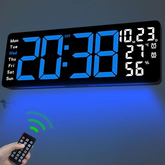 17.3" Large Digital Wall Clock, LED Digital Clock Large Display with Remote Control, Alarm Clock with Temp/DST/Dimmer/Humidity/Timer/Ambient Light - 12/24H, Alarm Wall Clock for Bedroom