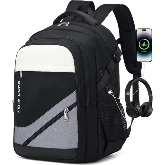 17.3" Large Laptop Backpack, Waterproof Travel & College Bookbag with USB Charging & Headset Port, for Men & Women