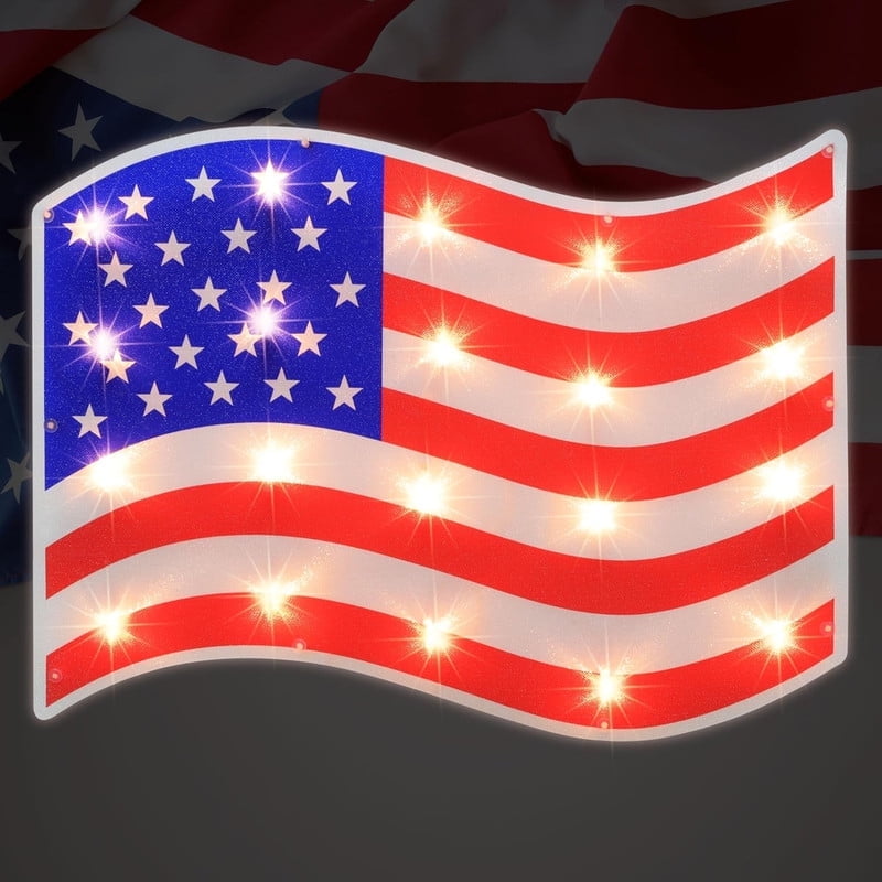17.3'' Lighted Holographic American Flag Window Silhouette Decoration, 17 Inches, Red, White and Blue - Patriotic Decor