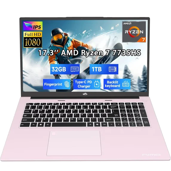 17.3" New Business Laptop, AMD Ryzen 7 7735HS (8C/16T), 32GB RAM 1TB NVMe SSD, Radeon 680M for Light Gaming, PD 100W Type-C WiFi-6E BT5.2 Fingerprint Unlock Backlit Keyboard for Working & Student