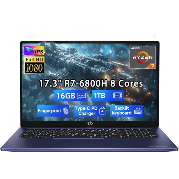 17.3" New Gaming Laptop Computer AMD Ryzen 7 6800H 8-Core (Up to 4.7GHz ), AMD Radeon 680M Graphics, 16GB DDR5 RAM, 1TB SSD, FHD IPS Display, 100W Type-C, Backlit Keyboard, Fingerprint Blue