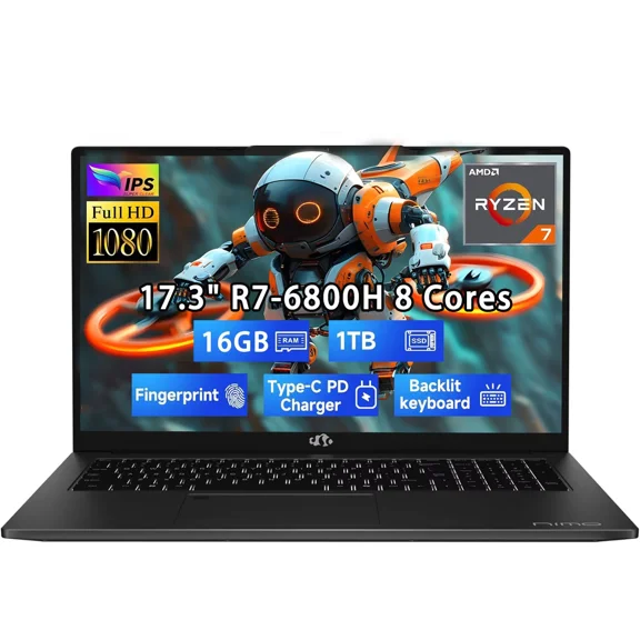 17.3" New Gaming Laptop Computer AMD Ryzen 7 6800H 8-Core (Up to 4.7GHz), AMD Radeon 680M Graphics, 16GB DDR5 RAM, 1TB SSD, FHD IPS Display, 100W Type-C, Backlit Keyboard, Fingerprint Black