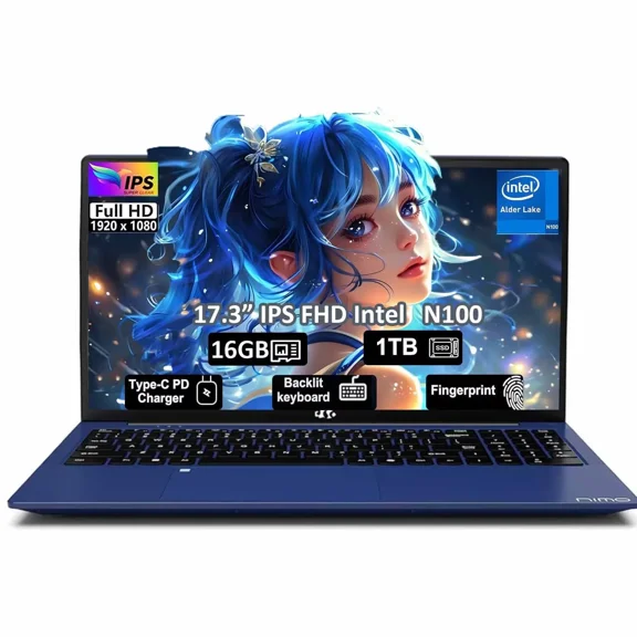 17.3" Student Laptop, 16GB RAM 1TB SSD, Intel Pentium 4 Cores N100(Beat i3-1115G4, Up to 3.4GHz) Computer with 65W Type-C Fingerprint Backlit Keyboard (blue)