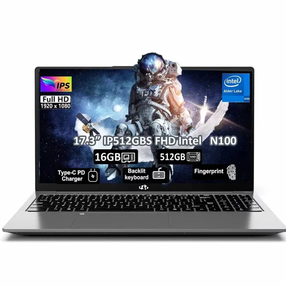 17.3" Student Laptop, 16GB RAM 512GB SSD, Intel Pentium 4 Cores N100(Beat i3-1115G4, Up to 3.4GHz) Computer with 65W Type-C Fingerprint Backlit Keyboard (gray)