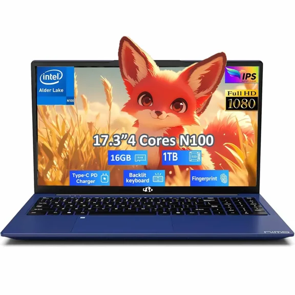 17.3" Student-Laptop , Intel Pentium 4 Cores N100(Beat i3-1115G4, Up to 3.4GHz) 16GB RAM 1TB SSD 65W Type-C Fingerprint Backlit Keyboard Wi-Fi 6 BT5.2 2 Years Warranty