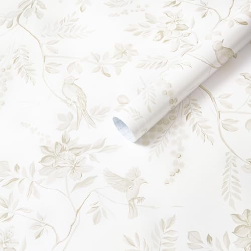 17.3''x362'' Boho Peel and Stick Wallpaper Floral Beige Neutral Contact Paper White Bird Wallpaper Removable Yellow Renter Friendly Waterproof Embossed Kitchen Bedroom Bathroom Vinyl Roll
