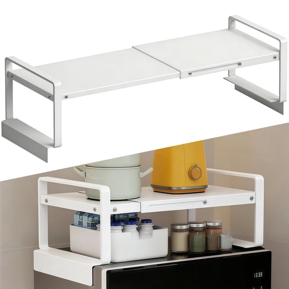 (17-31.5 inches)Adjustable Refrigerator or Washer Top Storage Rack - Expandable Organizer Shelf,L-Shaped Protective Card Slot Design for Kitchen, Laundry Room, Dorm -Durable Metal Space Saver-White