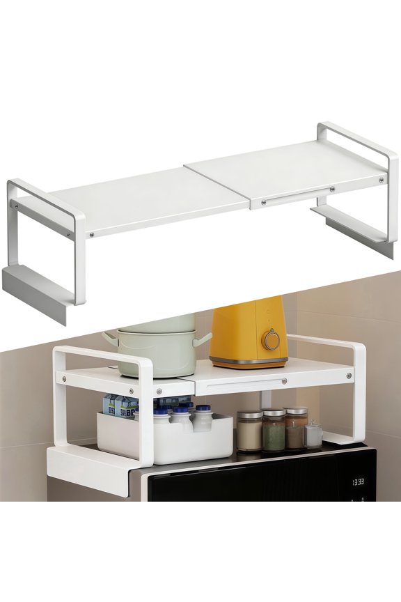 (17-31.5 inches)Adjustable Refrigerator or Washer Top Storage Rack - Expandable Organizer Shelf,L-Shaped Protective Card Slot Design for Kitchen, Laundry Room, Dorm -Durable Metal Space Saver-White