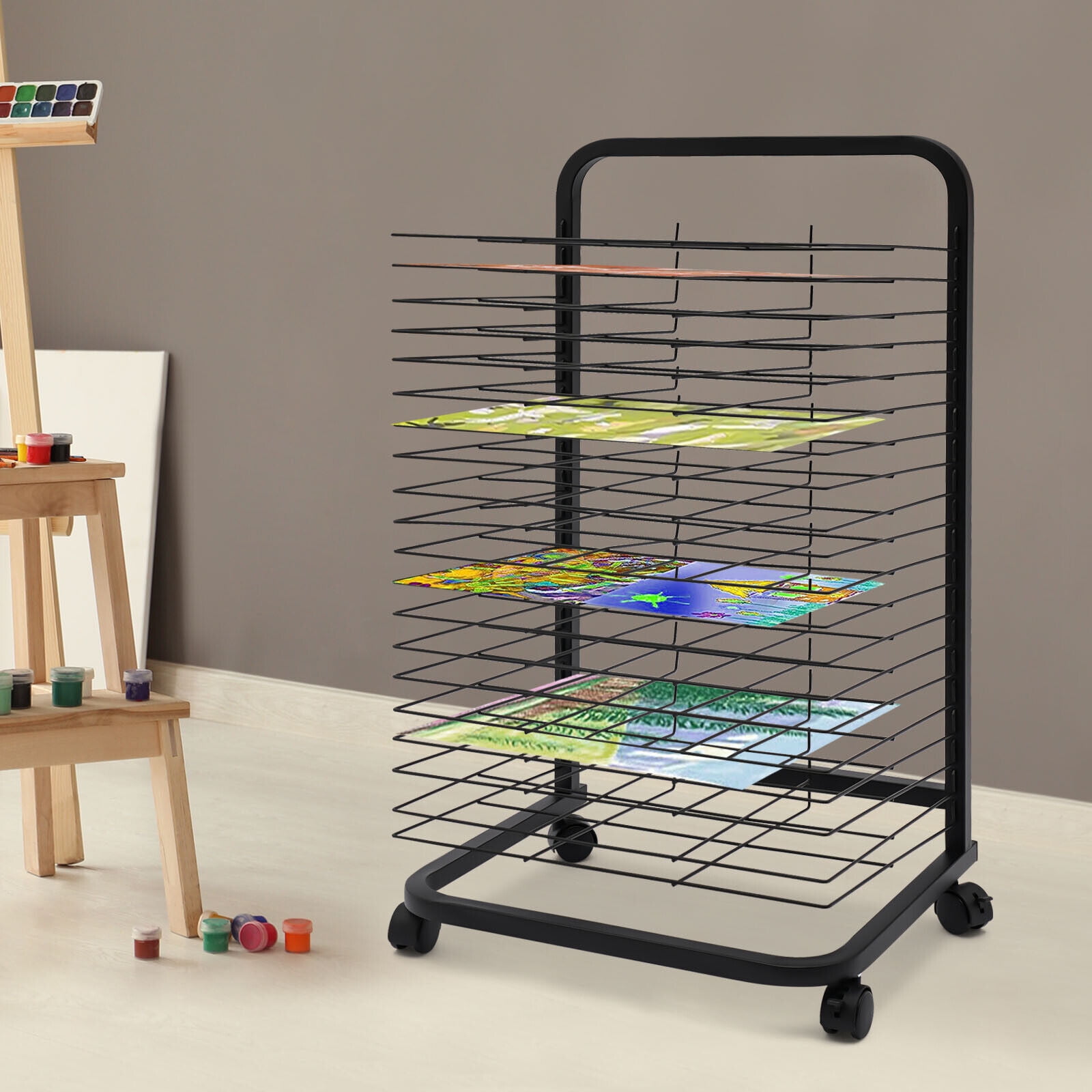  Towallmark Art Drying Rack with 25 Flexible Shelves, Mobile  Paint Drying Rack with Four Wheels, Ideal for Schools and Art Studios,  Height 41.5 inches, Shelves 12 by 17 inches,Black : Home & Kitchen