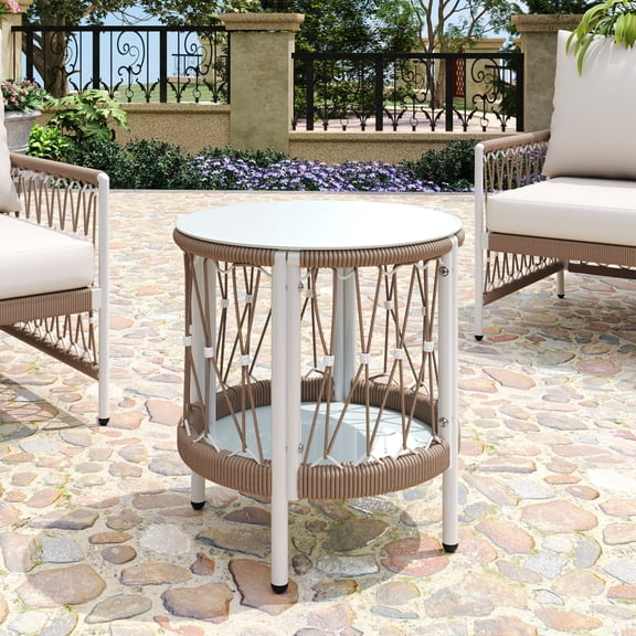 17.32 Inch Bohemian Outdoor Side Table with Handwoven Rope Design – Powder Coated Steel Frame and Tempered Glass Top for Patio, Garden or Poolside Use