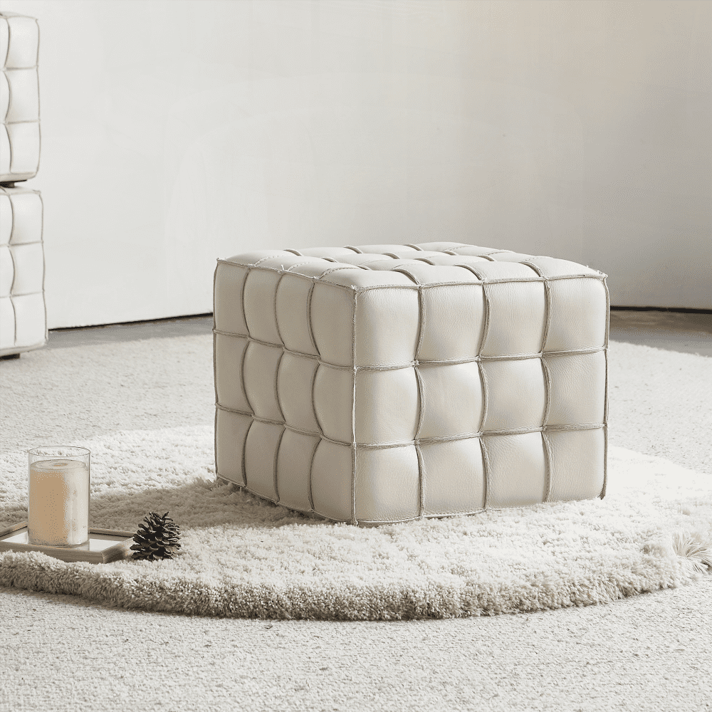 17.32''W Genuine Leather Tufted Ottoman for Living & Bedroom in Beige Color|Versatile Footstool as Extra Seat or Coffee Table