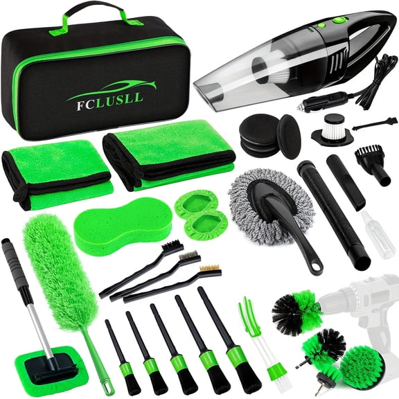 17-35PCS Car Cleaning Kit, Car Plug Powered Portable Vacuum, Drill Brush & Interior Brush Set, Windshield Tool, Full Car Care Supplies, Non-Chemical, Perfect Holiday Gift