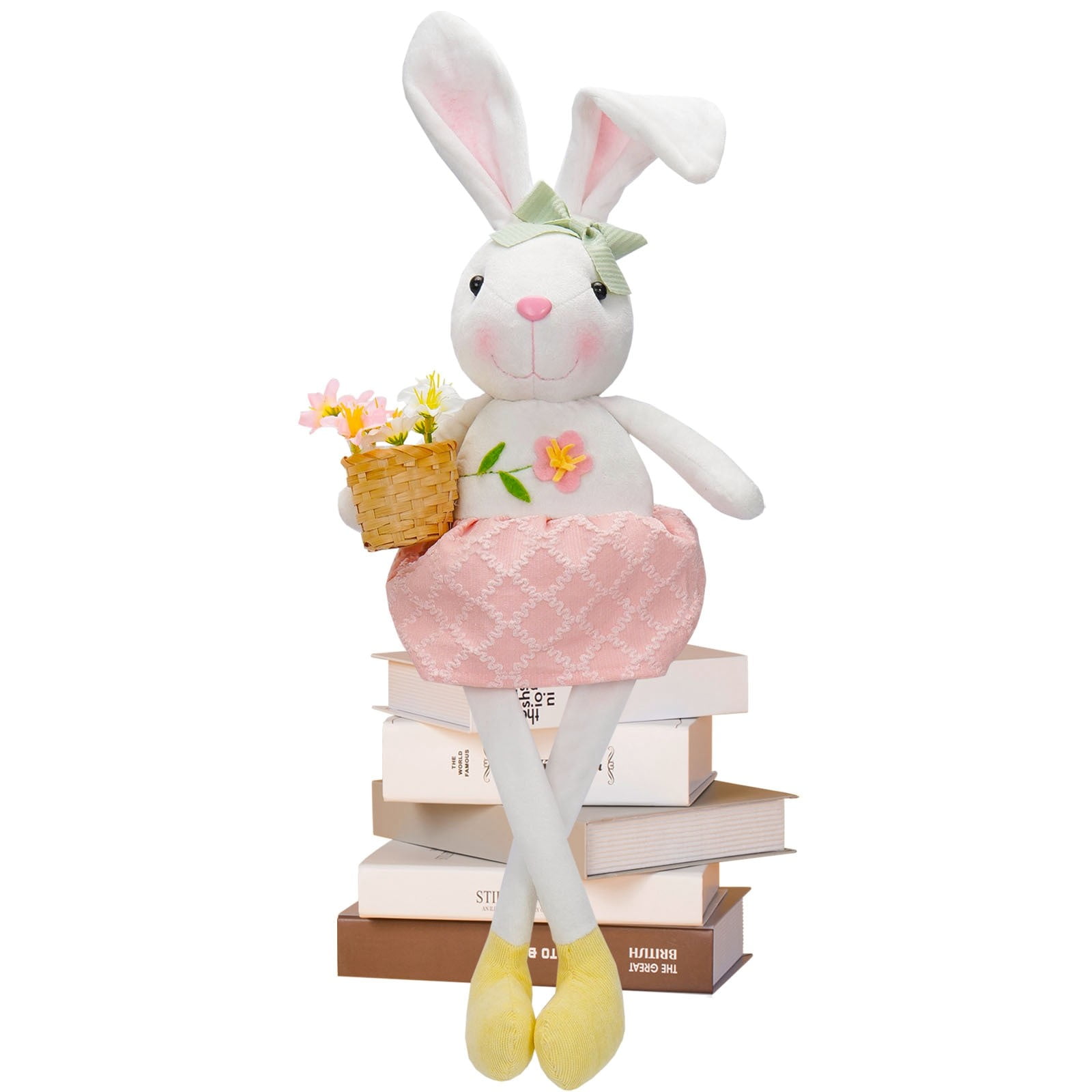 17.3in Easter Decorations Plush Bunny Doll with Flower Basket for Easter Party Decor and Easter Basket Stuffers, Soft PP Cotton Easter Decor Rabbit Figurine for Kids Easter Pascua Home Display