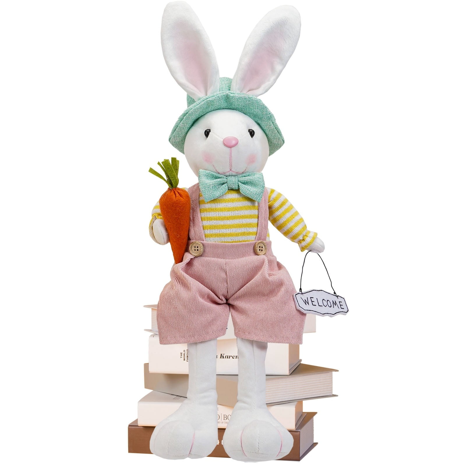 17.3in Easter Decorations Plush Bunny Doll with Welcome Sign for Easter Party Decor and Kids Easter Gifts, Soft PP Cotton Easter Decor Rabbit Figure for Pascua Home Display