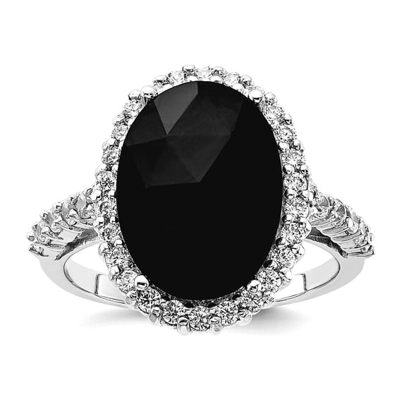 17.3mm 925 Sterling Silver Rhodium Plated Checker-cut Black CZ and Brilliant-cut White Cz Oval Halo Ring Size 9 Ring for