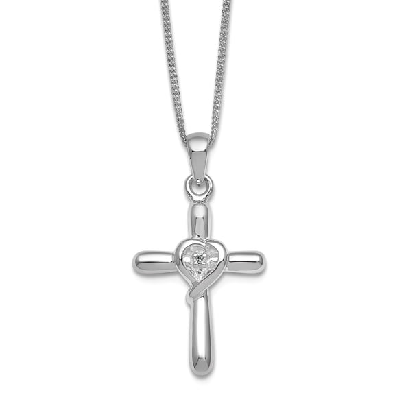 17.3mm Ss Rhodium Plated Polished Cubic Zirconia Love Heart Religious Faith Cross With 3in Extension Necklace 20 Inch Pe