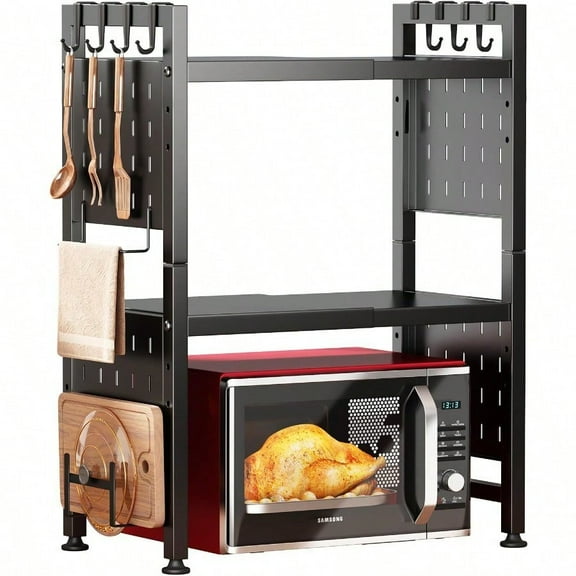 17.4 27.4 Expandable Microwave Stand 3Tier Heavy Duty Adjustable Height Microwave Oven Rack With 9 Hooks And Cutting Board Holder Countertop Kitchen Shelf Organizer Holds Up To 180 Lbs Black