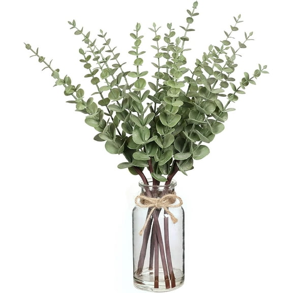 17.5" Artificial Eucalyptus Stems in Glass Vase with Faux Water,Fake Plant Eucalyptus Leaves White Seeds for Centerpiece Table Decorations Farmhouse Wedding Home Greenery Decor (Sage Green)