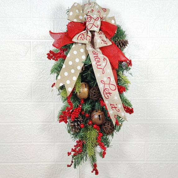 17.5" Christmas Wreaths Artificial Upside Down Tree Weaths for Front Door Hanging Xmas Tree with Decorative Bows Bells Rattan Balls Berries Christmas Ornaments Christmas Swag Holiday Home Decor