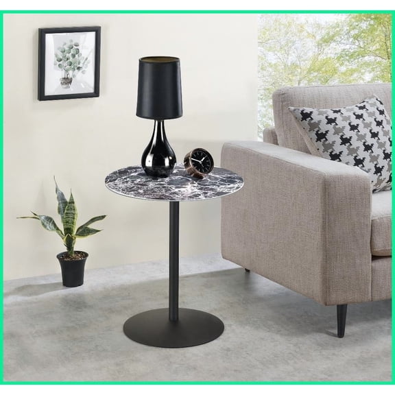 17.5 Compact Coffee Table with Black Marble Textured Glass Top, Space-Saving & Sturdy Steel Base