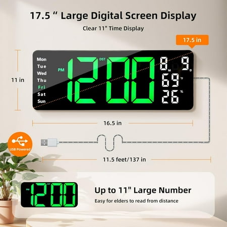 17.5" Digital Wall Clock, LED Display with Time, Date, Month, Temperature & Humidity, Remote Control DST, Alarm, Timer, 10-Level Brightness, Night Light for Home, Living Room, Bedroom & Office Décor