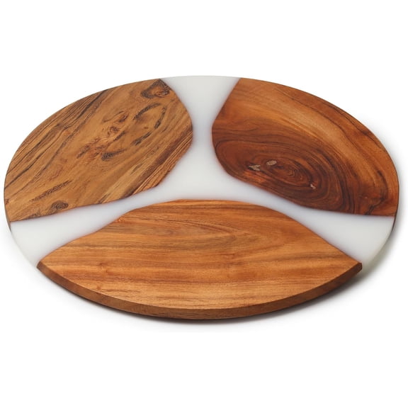 17.5" Epoxy and Acacia Wood Lazy Susan Turntable, Organizer for Kitchen Countertop or Dining Table, White