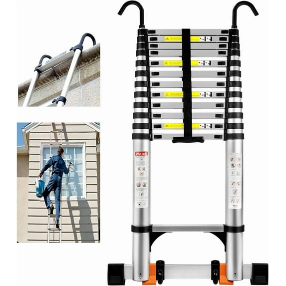 17.5 FT Heavy Duty Telescoping Ladder, 330 lbs Capacity with Stabilizer Bar, Wheels & Top Hooks | Multi-Purpose Collapsible Ladder for Home, Construction and Outdoor Use