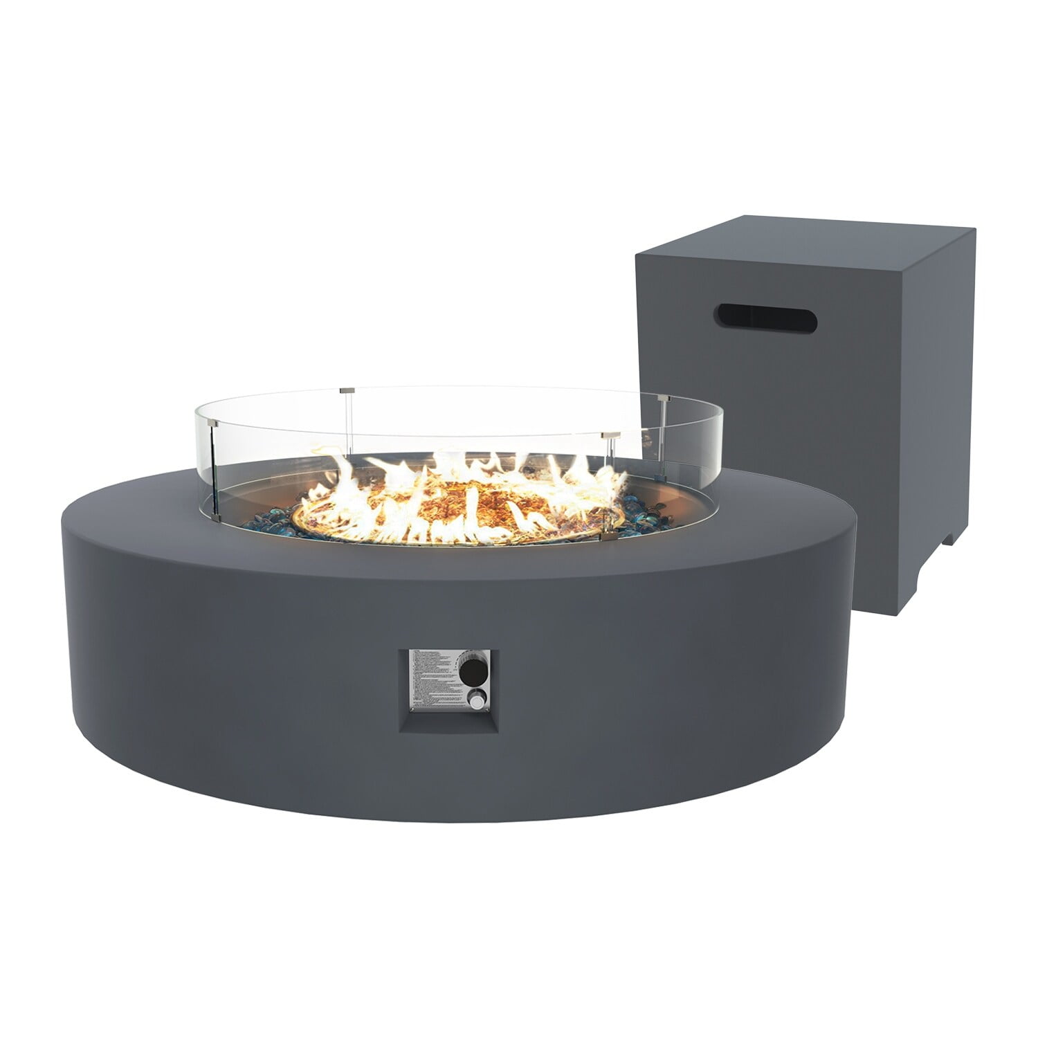 40.5'' Round Dark Grey Concrete Propane Fire Pit Table with Wind Guard