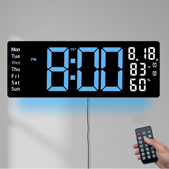 17.5 Inch Blue LED Digital Wall Clock with 8 Ambient Light ColorsDisplays Time,Date,Day,Temperature&Humidity,Dual Alarms,Countdown&Stopwatch,DST,10-Level Auto/Manual BrightnessModern Silent Clock