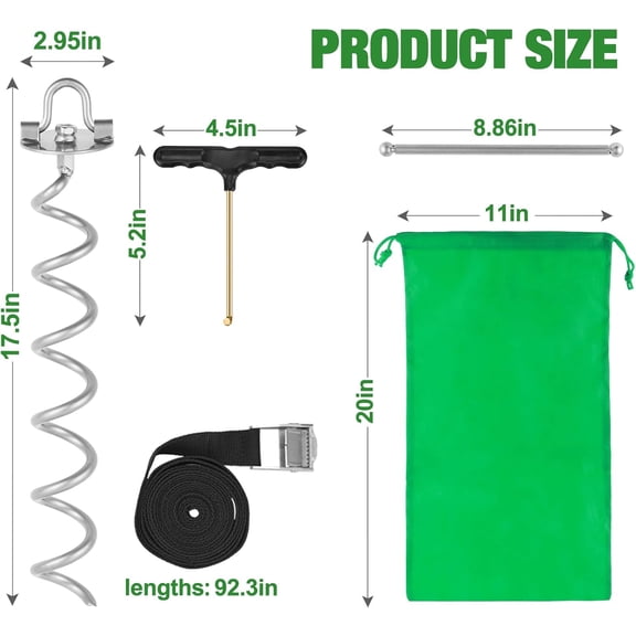 17.5 Inch Gound Anchors Screw in, Metal Spiral Earth Anchors Kit, Heavy Duty Folding Ring Ground Stakes for Tent Trampolines, Garden Fence, Sheds, Swings (Silver, 17.5 Inch with 92in Strap)