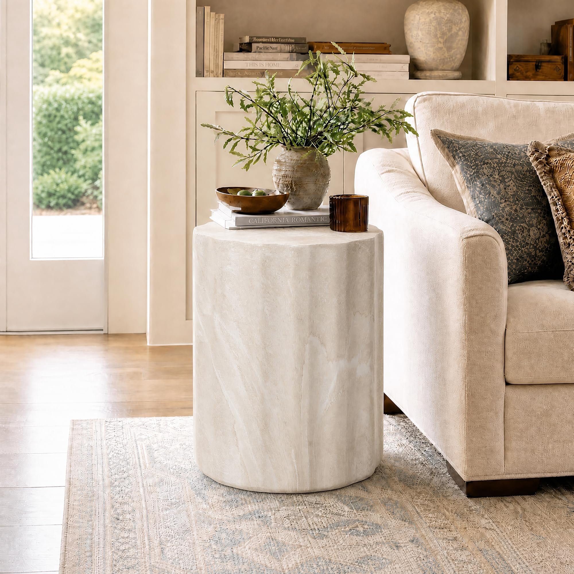 Cement Patio Rounded 17.5 Inch Round Side Table, Cream Beige Stone-Look Drum Concrete Accent ...