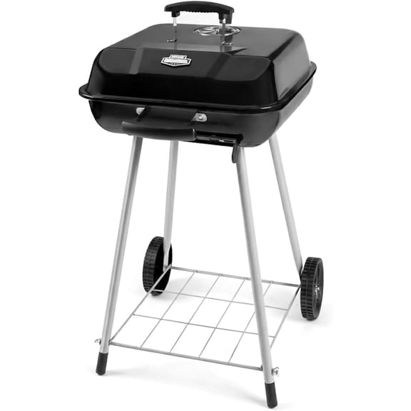17.5 Inch Square Charcoal Grill with Wheels, Portable Outdoor BBQ Kettle Grill for Patio and Backyard Cooking, Porcelain-Coated Steel Grates and Adjustable Dampers, 302 Sq In Cooking Area, Black
