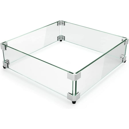 17.5 Inch Square Fire Pit Wind Guard, Glass Wind Guard for Square Fire Pit Table, Sturdy Tempered Glass Panel with Stability Aluminum Corner Bracket and Feet, Simple Assembly