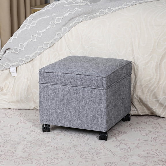 17.5 Inch Square Storage Ottoman with Wheels, Modern Linen Upholstered Footrest Stool & Coffee Table with Flip Top Lid, Rolling Footstool for Living Room & Bedroom, Grey