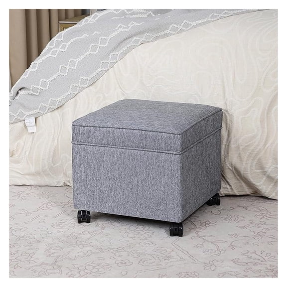 17.5 Inch Square Storage Ottoman with Wheels, Modern Linen Upholstered Footrest Stool & Coffee Table with Top Lid, Rolling Footstool for Living Room & Bedroom, Grey